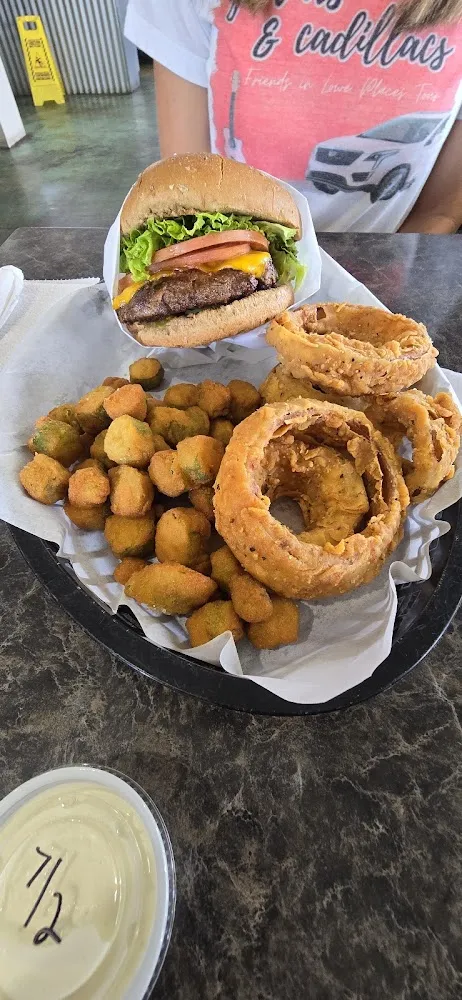 Classic Cheeseburger with Onion Rings & Fried OCRA